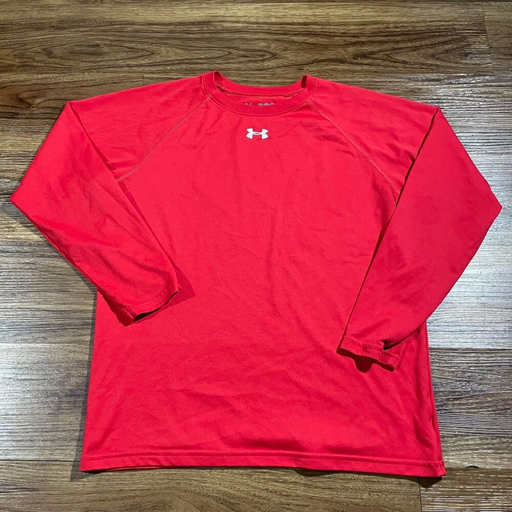 Under Armour Shirt Youth Red Long Sleeve Loose Fit Heat Gear Crew Neck Boy's XL
